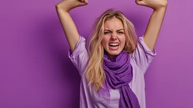 Profile view of an angry blonde woman with a purple scarf around her neck protesting raising her arms on purple background with plenty of copy space, international women's day