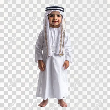 United Arab Emirates boy from 3 to 4 year old. boy is wearing United Arab Emirates traditional clothes the white long man dress with the top scarf standing full body with white background.