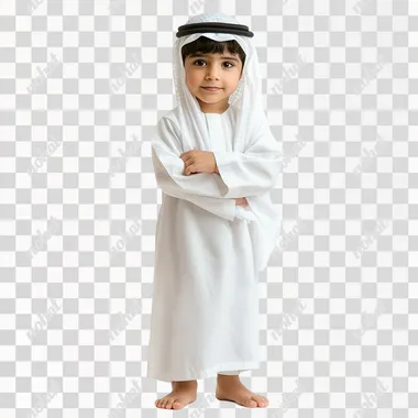 United Arab Emirates boy from 3 to 4 year old. boy is wearing United Arab Emirates traditional clothes the white long man dress with the top scarf standing full body with white background.