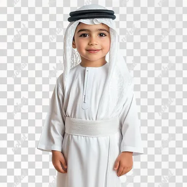 United Arab Emirates boy from 3 to 4 year old. boy is wearing United Arab Emirates traditional clothes the white long man dress with the top scarf standing full body with white background.