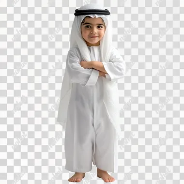 United Arab Emirates boy from 3 to 4 year old. boy is wearing United Arab Emirates traditional clothes the white long man dress with the top scarf standing full body with white background.