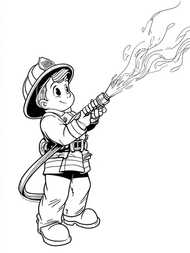 Small Children Coloring Book page with the theme of cartoon version of Firefighters. A cartoon simple Firefighter spraying water from a hose, in the lineart style of 1950's Disney, black and white, no tonal variation, white background, black lines   --s 50