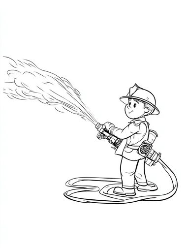 Small Children Coloring Book page with the theme of cartoon version of Firefighters. A cartoon simple Firefighter spraying water from a hose, in the lineart style of 1950's Disney, black and white, no tonal variation, white background, black lines   --s 50