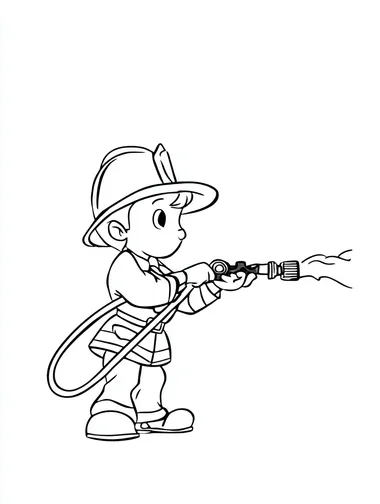 Small Children Coloring Book page with the theme of cartoon version of Firefighters. A cartoon simple Firefighter spraying water from a hose, in the lineart style of 1950's Disney, black and white, no tonal variation, white background, black lines   --s 50
