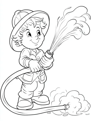 Small Children Coloring Book page with the theme of cartoon version of Firefighters. A cartoon simple Firefighter spraying water from a hose, in the lineart style of 1950's Disney, black and white, no tonal variation, white background, black lines   --s 50