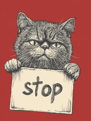 illustration of a serious cats holding a sign with text "stop", red background