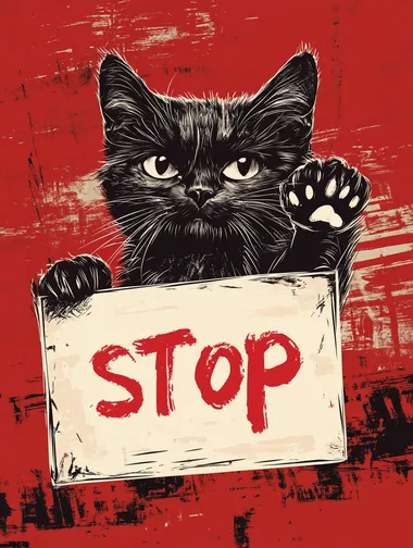 illustration of a serious cats holding a sign with text "stop", red background