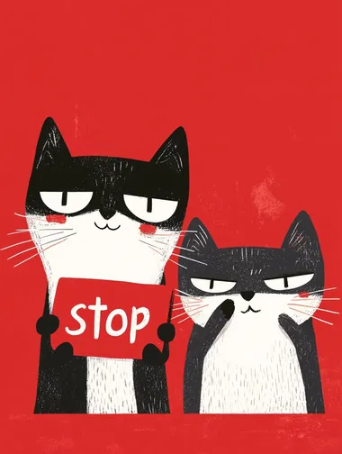illustration of a serious cats holding a sign with text "stop", red background