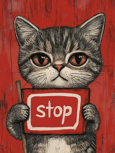 illustration of a serious cats holding a sign with text "stop", red background