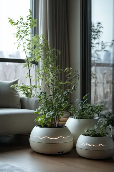 mutiple smart plant pots sit in the living room close to window in a cloudy day with dark sky. they have different sizes. some tall trees and shrubs are planted in the larger smart pots and some small indoor plants planted in the small round ball shaped smart pot. they stay as a line close to the window. The pot is white color with some cream color electrical waves on the pot surface and all of the pots have wheels on the bottom.