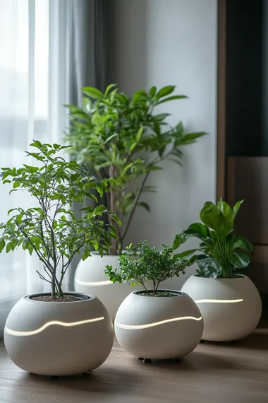 mutiple smart plant pots sit in the living room close to window in a cloudy day with dark sky. they have different sizes. some tall trees and shrubs are planted in the larger smart pots and some small indoor plants planted in the small round ball shaped smart pot. they stay as a line close to the window. The pot is white color with some cream color electrical waves on the pot surface and all of the pots have wheels on the bottom.