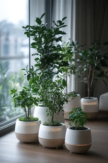 mutiple smart plant pots sit in the living room close to window in a cloudy day with dark sky. they have different sizes. some tall trees and shrubs are planted in the larger smart pots and some small indoor plants planted in the small round ball shaped smart pot. they stay as a line close to the window. The pot is white color with some cream color electrical waves on the pot surface and all of the pots have wheels on the bottom.