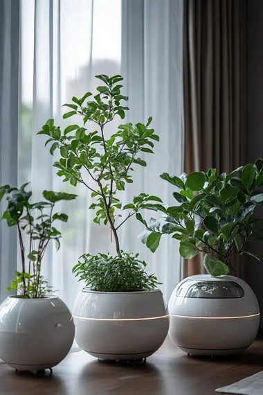 mutiple smart plant pots sit in the living room close to window in a cloudy day with dark sky. they have different sizes. some tall trees and shrubs are planted in the larger smart pots and some small indoor plants planted in the small round ball shaped smart pot. they stay as a line close to the window. The pot is white color with some cream color electrical waves on the pot surface and all of the pots have wheels on the bottom.