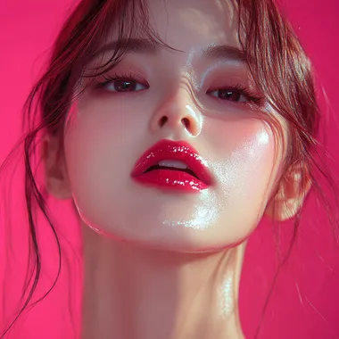 Close Up red lips Korean woman , glossy pink lipstick on perfect, full lips,perfect face,white skin, light pink lips,realistic skin,taking a photo,isolated on pink background  --s 750