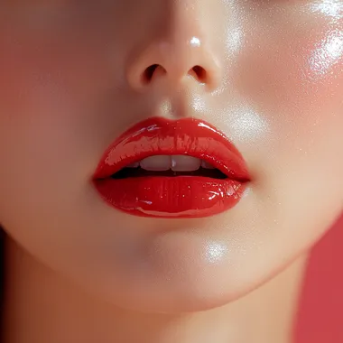 Close Up red lips Korean woman , glossy pink lipstick on perfect, full lips,perfect face,white skin, light pink lips,realistic skin,taking a photo,isolated on pink background  --s 750