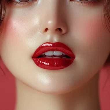 Close Up red lips Korean woman , glossy pink lipstick on perfect, full lips,perfect face,white skin, light pink lips,realistic skin,taking a photo,isolated on pink background  --s 750