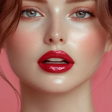 Close Up red lips Korean woman , glossy pink lipstick on perfect, full lips,perfect face,white skin, light pink lips,realistic skin,taking a photo,isolated on pink background  --s 750