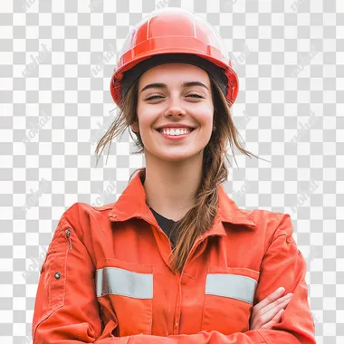 a portrait of a female construction worker, uhd image, she wears a clean red west and helmet, she is joyful and optimistic, white background