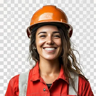 a portrait of a female construction worker, uhd image, she wears a clean red west and helmet, she is joyful and optimistic, white background