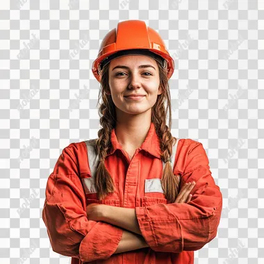 a portrait of a female construction worker, uhd image, she wears a clean red west and helmet, she is joyful and optimistic, white background