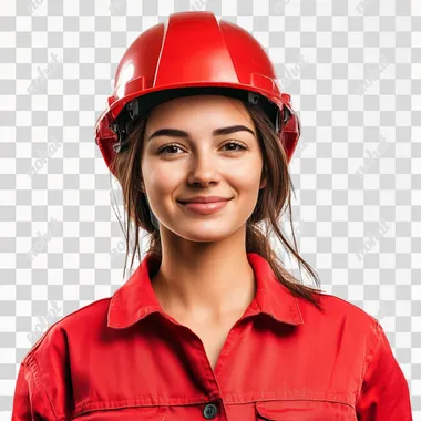a portrait of a female construction worker, uhd image, she wears a clean red west and helmet, she is joyful and optimistic, white background