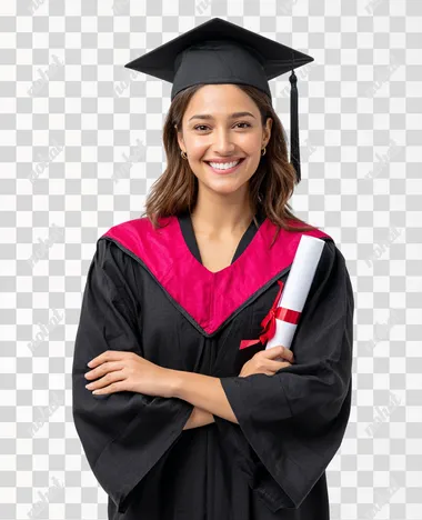 A confident young Indian female graduate standing. She is wearing a black graduation gown with a pink academic hood and a black mortarboard cap with a tassel. She is smiling brightly and holding a rolled-up diploma tied with a red ribbon with both hands, arms crossed at the waist. The camera is positioned slightly below eye level, angled upward for a sense of empowerment. isolated on white background  rofile kunzize 87xjtb2