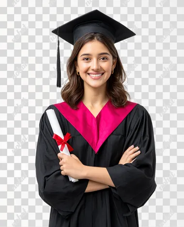 A confident young Indian female graduate standing. She is wearing a black graduation gown with a pink academic hood and a black mortarboard cap with a tassel. She is smiling brightly and holding a rolled-up diploma tied with a red ribbon with both hands, arms crossed at the waist. The camera is positioned slightly below eye level, angled upward for a sense of empowerment. isolated on white background  rofile kunzize 87xjtb2