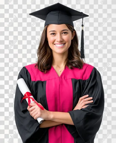 A confident young Indian female graduate standing. She is wearing a black graduation gown with a pink academic hood and a black mortarboard cap with a tassel. She is smiling brightly and holding a rolled-up diploma tied with a red ribbon with both hands, arms crossed at the waist. The camera is positioned slightly below eye level, angled upward for a sense of empowerment. isolated on white background  rofile kunzize 87xjtb2