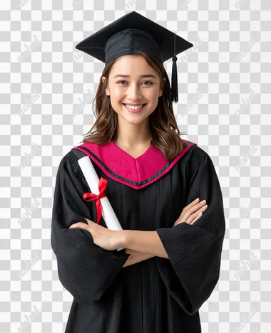 A confident young Indian female graduate standing. She is wearing a black graduation gown with a pink academic hood and a black mortarboard cap with a tassel. She is smiling brightly and holding a rolled-up diploma tied with a red ribbon with both hands, arms crossed at the waist. The camera is positioned slightly below eye level, angled upward for a sense of empowerment. isolated on white background  rofile kunzize 87xjtb2