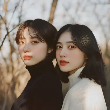 Photo of two Chinese women stand against each other, back to back. One of them has short brown hair, her hair length is like a young boy. She has a small but nice looking nose. She also wears a Black Cashmere Turtleneck Sweater, she has a serious but cute face, and she's looking at the camera. Another women has long black hair, ans she's taller, also a tender smile on her face, she wears nice white shirt and she's smiling, ans she's not looking at the camera. They look like good friends. Clean background, shot in F2 and ISO400 in Canon EOS R5. soft natural and warmlight, color photography for fashion magazine style. The camera angle is close-up shot, Dappled sunlight
