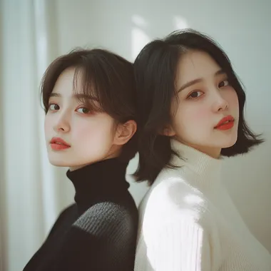 Photo of two Chinese women stand against each other, back to back. One of them has short brown hair, her hair length is like a young boy. She has a small but nice looking nose. She also wears a Black Cashmere Turtleneck Sweater, she has a serious but cute face, and she's looking at the camera. Another women has long black hair, ans she's taller, also a tender smile on her face, she wears nice white shirt and she's smiling, ans she's not looking at the camera. They look like good friends. Clean background, shot in F2 and ISO400 in Canon EOS R5. soft natural and warmlight, color photography for fashion magazine style. The camera angle is close-up shot, Dappled sunlight