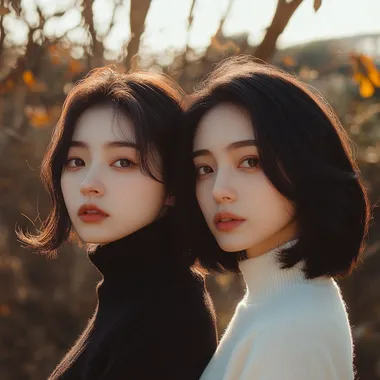 Photo of two Chinese women stand against each other, back to back. One of them has short brown hair, her hair length is like a young boy. She has a small but nice looking nose. She also wears a Black Cashmere Turtleneck Sweater, she has a serious but cute face, and she's looking at the camera. Another women has long black hair, ans she's taller, also a tender smile on her face, she wears nice white shirt and she's smiling, ans she's not looking at the camera. They look like good friends. Clean background, shot in F2 and ISO400 in Canon EOS R5. soft natural and warmlight, color photography for fashion magazine style. The camera angle is close-up shot, Dappled sunlight