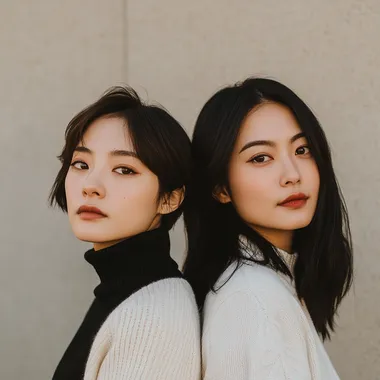 Photo of two Chinese women stand against each other, back to back. One of them has short brown hair, her hair length is like a young boy. She has a small but nice looking nose. She also wears a Black Cashmere Turtleneck Sweater, she has a serious but cute face, and she's looking at the camera. Another women has long black hair, ans she's taller, also a tender smile on her face, she wears nice white shirt and she's smiling, ans she's not looking at the camera. They look like good friends. Clean background, shot in F2 and ISO400 in Canon EOS R5. soft natural and warmlight, color photography for fashion magazine style. The camera angle is close-up shot, Dappled sunlight