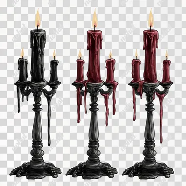clip art isolated on a white background, gothic candelabras, with melting wax dripping from black and maroon candles