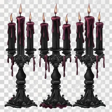 clip art isolated on a white background, gothic candelabras, with melting wax dripping from black and maroon candles
