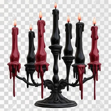 clip art isolated on a white background, gothic candelabras, with melting wax dripping from black and maroon candles