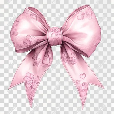 Create a clipart illustration featuring a bows with Valentines Day design on it, The clipart illustration should match the art styles of Nicoletta Ceccoli and Francine Van Hove, using a pastel, soft, Pink, silk, watercolor pencil style in soft, isolated on a white background.