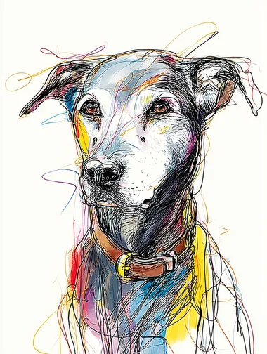 Abstract line drawing of a Mixed - breed senior dog, short rough fur in a mix of dark brown, black and gray - white (more gray - white on face, neck and chest), broad hard head, medium drooping ears, narrow brown aged eyes, pose with brown leather collar, white background, hyper - realistic detail, calm and vicissitudinous expression,A simple line drawing of an anthropomorphic, in the style of Picasso,The drawing features carefully shaped, with rough sketch lines,colorful lines,The overall design is simple and minimalistic. --oref  --ow 50     --s 250