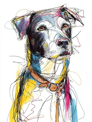 Abstract line drawing of a Mixed - breed senior dog, short rough fur in a mix of dark brown, black and gray - white (more gray - white on face, neck and chest), broad hard head, medium drooping ears, narrow brown aged eyes, pose with brown leather collar, white background, hyper - realistic detail, calm and vicissitudinous expression,A simple line drawing of an anthropomorphic, in the style of Picasso,The drawing features carefully shaped, with rough sketch lines,colorful lines,The overall design is simple and minimalistic. --oref  --ow 50     --s 250