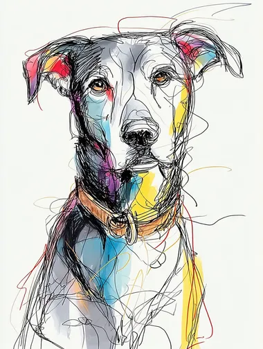 Abstract line drawing of a Mixed - breed senior dog, short rough fur in a mix of dark brown, black and gray - white (more gray - white on face, neck and chest), broad hard head, medium drooping ears, narrow brown aged eyes, pose with brown leather collar, white background, hyper - realistic detail, calm and vicissitudinous expression,A simple line drawing of an anthropomorphic, in the style of Picasso,The drawing features carefully shaped, with rough sketch lines,colorful lines,The overall design is simple and minimalistic. --oref  --ow 50     --s 250