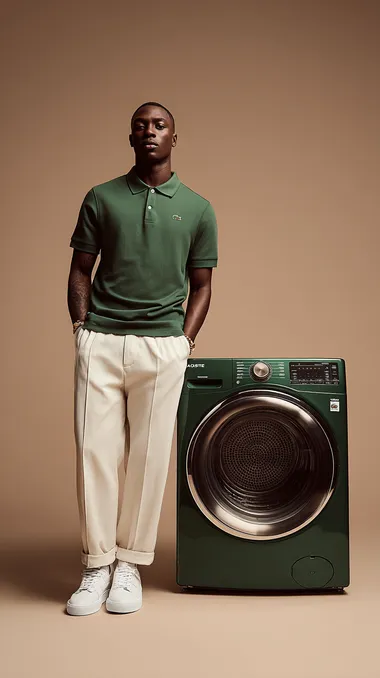 A high-fashion advertisement scene with a modern full mat dark green washing machine styled with Lacoste's signature full mat green tones, white details, and the iconic crocodile logo, next to it stands a stylish fashion black man, elegant and sporty, wearing a Lacoste polo shirt, chinos, classic Lacoste white sneakers, subtle accessories, confident relaxed pose, minimal beige solid color background, bright editorial lighting, crisp focus on both the washing machine and the model,  --raw