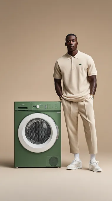 A high-fashion advertisement scene with a modern full mat dark green washing machine styled with Lacoste's signature full mat green tones, white details, and the iconic crocodile logo, next to it stands a stylish fashion black man, elegant and sporty, wearing a Lacoste polo shirt, chinos, classic Lacoste white sneakers, subtle accessories, confident relaxed pose, minimal beige solid color background, bright editorial lighting, crisp focus on both the washing machine and the model,  --raw