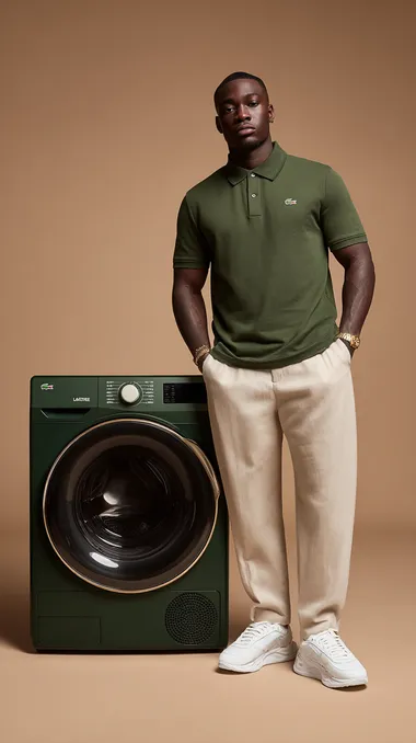 A high-fashion advertisement scene with a modern full mat dark green washing machine styled with Lacoste's signature full mat green tones, white details, and the iconic crocodile logo, next to it stands a stylish fashion black man, elegant and sporty, wearing a Lacoste polo shirt, chinos, classic Lacoste white sneakers, subtle accessories, confident relaxed pose, minimal beige solid color background, bright editorial lighting, crisp focus on both the washing machine and the model,  --raw