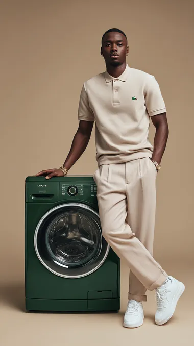 A high-fashion advertisement scene with a modern full mat dark green washing machine styled with Lacoste's signature full mat green tones, white details, and the iconic crocodile logo, next to it stands a stylish fashion black man, elegant and sporty, wearing a Lacoste polo shirt, chinos, classic Lacoste white sneakers, subtle accessories, confident relaxed pose, minimal beige solid color background, bright editorial lighting, crisp focus on both the washing machine and the model,  --raw