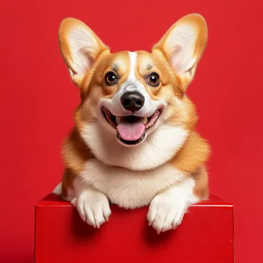 A Welsh Corgi with a joyful smile is lying on a red box, set against a red background. Realistic photo shooting style, captured with a Nikon lens.