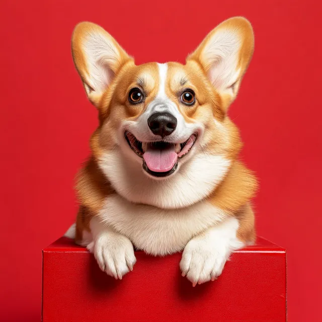 Joyful Welsh Corgi Relaxing on a Red Box in Cozy Living Room