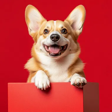 A Welsh Corgi with a joyful smile is lying on a red box, set against a red background. Realistic photo shooting style, captured with a Nikon lens.