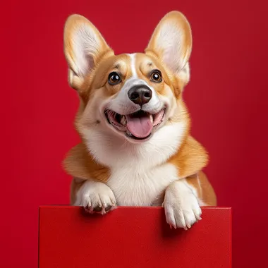 A Welsh Corgi with a joyful smile is lying on a red box, set against a red background. Realistic photo shooting style, captured with a Nikon lens.