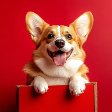 A Welsh Corgi with a joyful smile is lying on a red box, set against a red background. Realistic photo shooting style, captured with a Nikon lens.