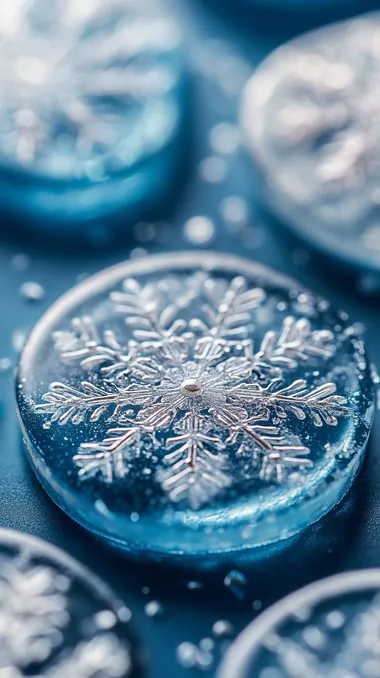 close-up snowflake stamps on a cool blue, white, or silver base nails. The stamps create intricate designs without the need for detailed painting and give a frosty, winter wonderland vibe, nails design, 30mm lens